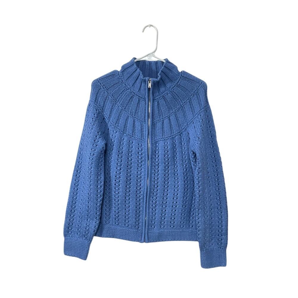 Talbots Mixed Stitch Knit Blue Cardigan Womens Small Front Zip Mock Neck Chunky